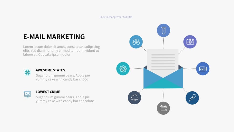 email icon surrounded by icons such as pen paper powerpoint background -page 0