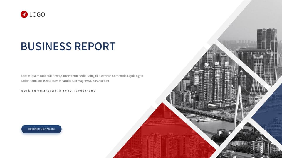 red and blue business style year-end summary report general Template For Google Slides And Powerpoint -page 0