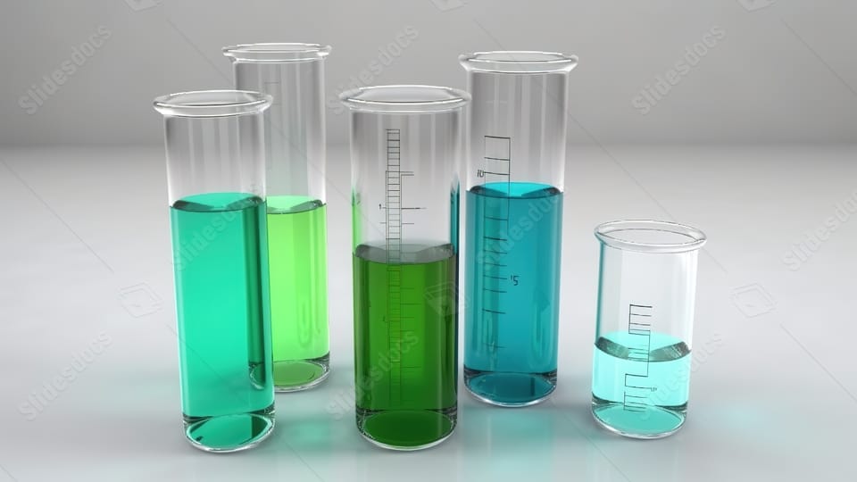4 chemistry glass beakers with green and blue liquid 1 5l powerpoint background