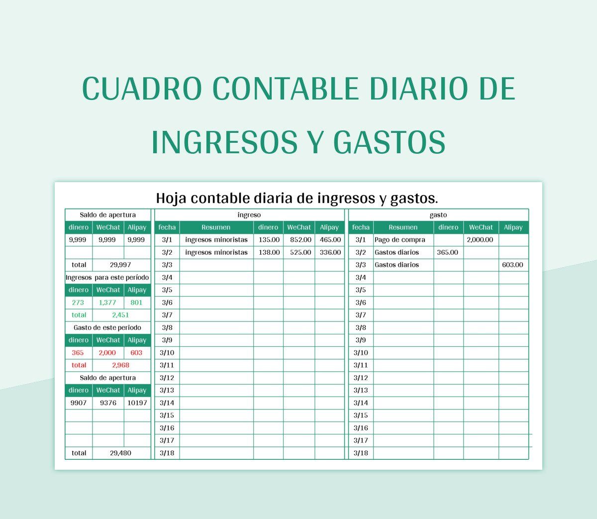 hoja de calculo para plantilla Cuadro Contable Diario De Ingresos Y Gastos excel