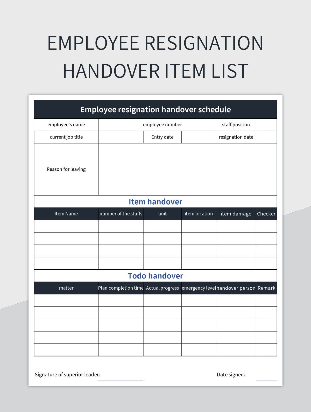 Employee resignation handover item list excel template