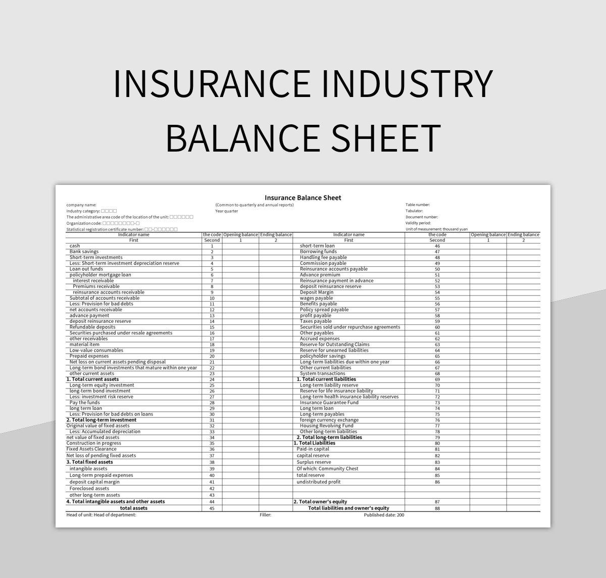 Insurance industry balance sheet excel template