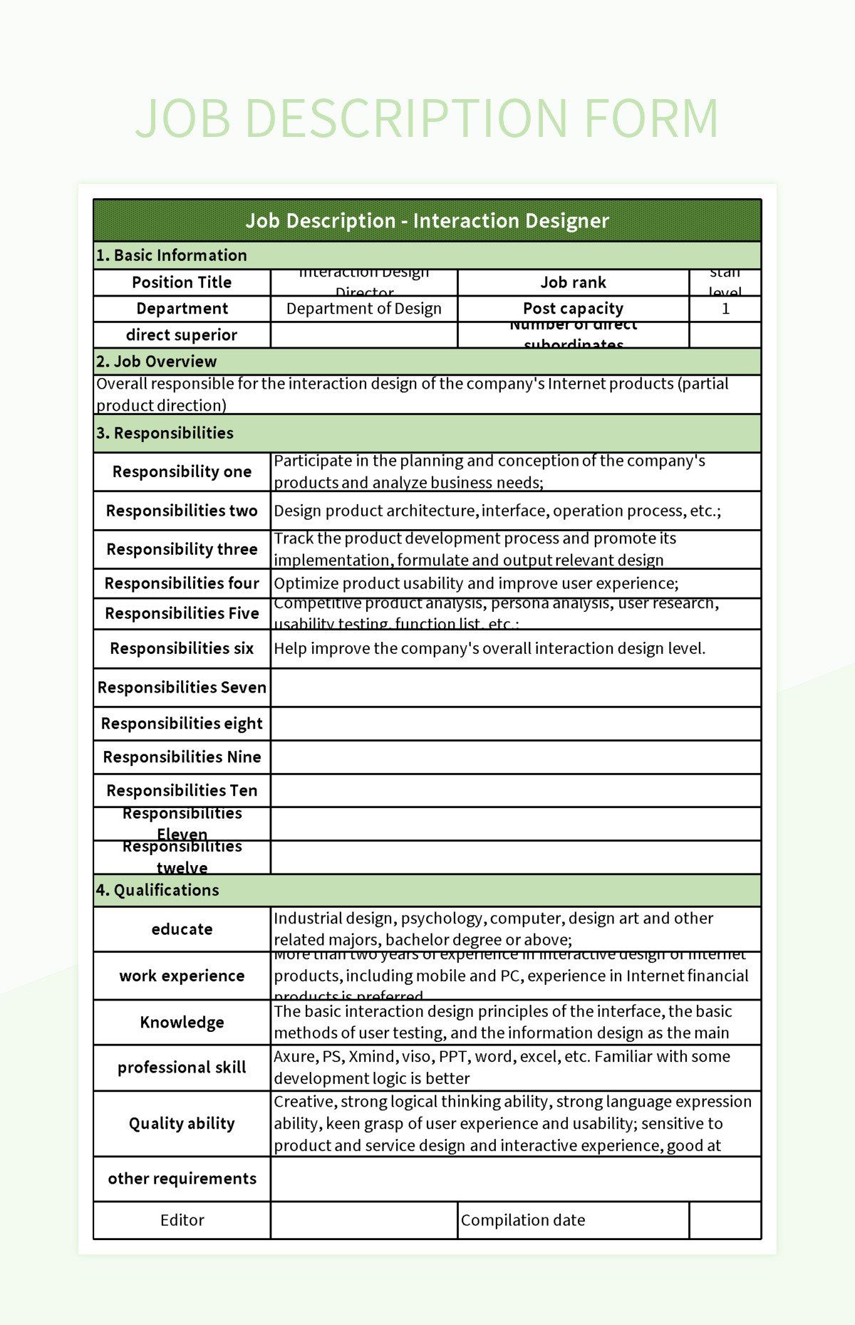 job description form excel template